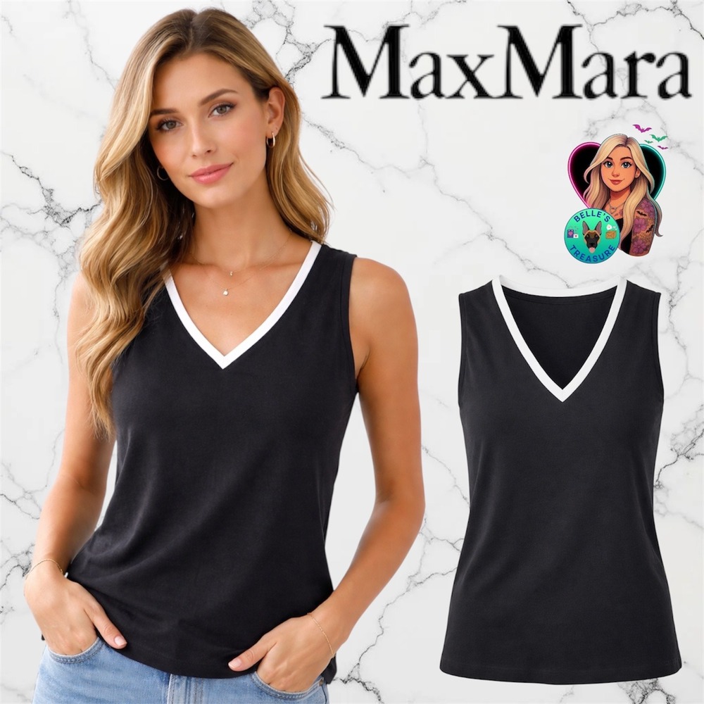 MaxMara Sleeveless V-Neck Tank Top Black White‎ Sportswear Comfort Womens Medium